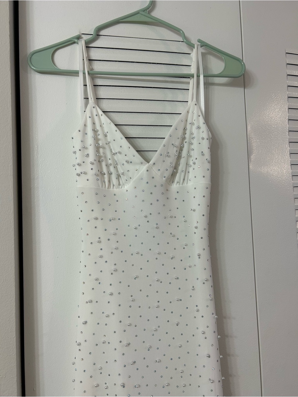 White Embellished Spaghetti-Strap Dress Prom, Pearl & sequin detailing